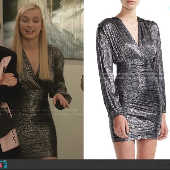 MAJE RUNNY BLACK GOLD SILVER METALLIC V-NECK LONG SLEEVE DRAPE MINI DRESS - Picture 11 of 12